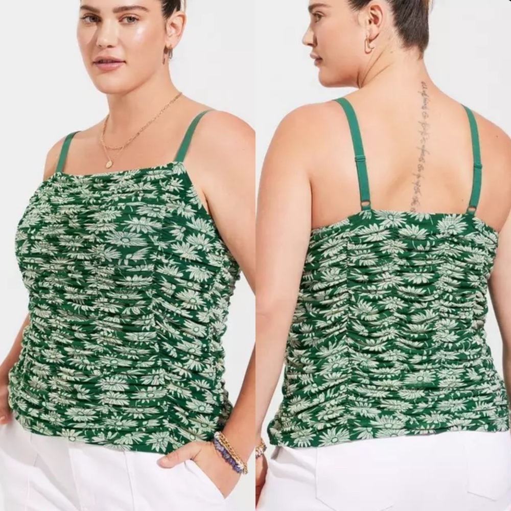 Torrid Stretch Mesh Shirred Cami Top Ruched green floral 2X 18/20